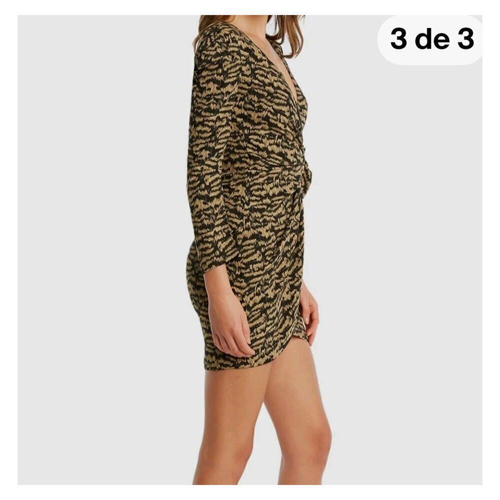 Bardot Animal Print Tracey Twist Black Puff Long Sleeves Mini Wrap Dress Size S - Picture 3 of 14